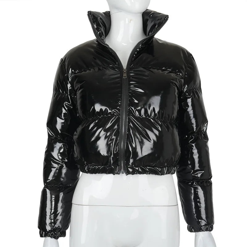 Fashion Cute Women Bright PU Pink Puffer Jacket Winter Warm Bubble Coats Shiny Leather Parkas Down Zipper Cropped Jackets Parkas LadyShow.Store