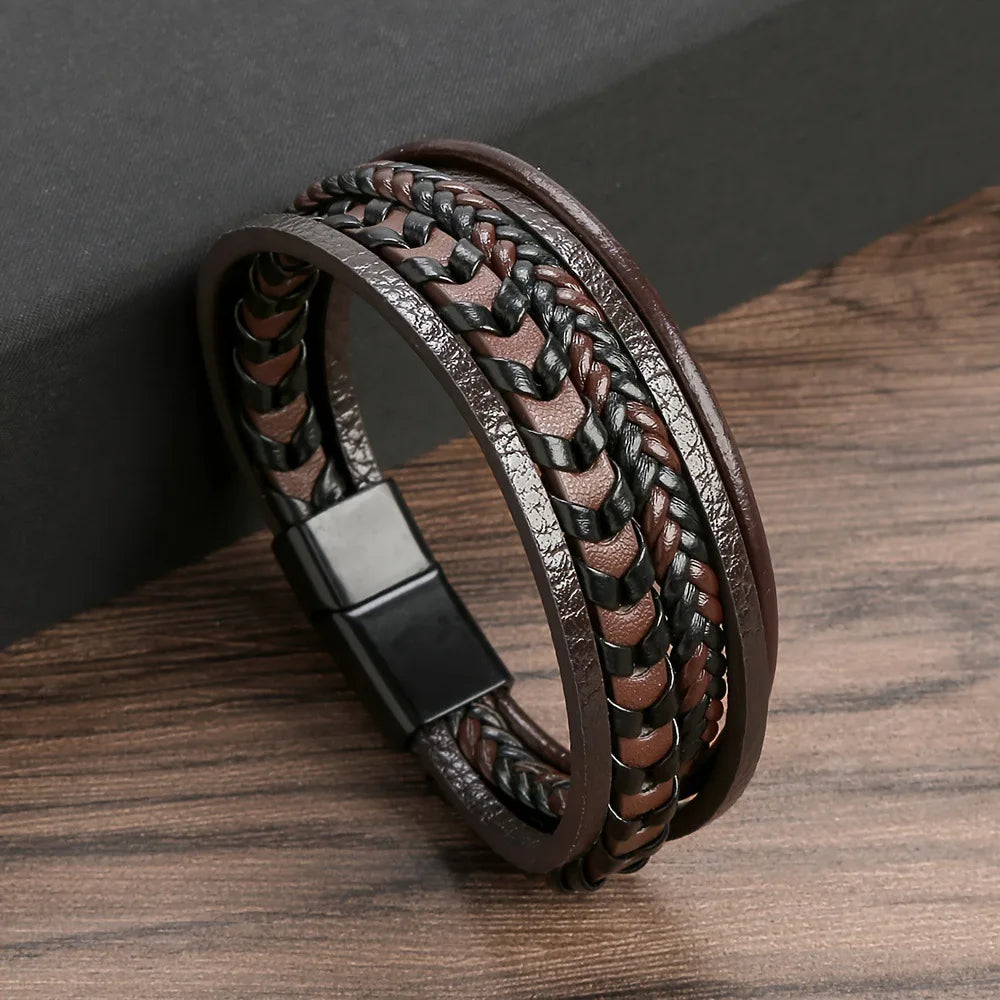 1pc Fashion Accessories MEN'S Multi-layered Vintage Leather Rope Braided Bracelet Alloy Magnetic Buckle Bracelet Pi-Mart