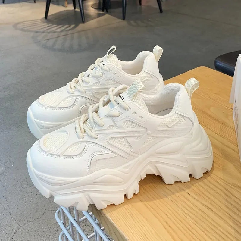 Women New Fashion Platform Sport Shoes Women 2024 New Summer Black Casual Chunky Sneakers Women Mesh Leather Platform Shoes Pi-Mart