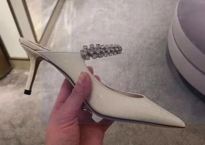 New Fashionable Thin Heel Pointed Water Diamond Mesh Hollow Sandals with Design Sense Half Dragged Muller Shoes ForOuterwear Pi-Mart
