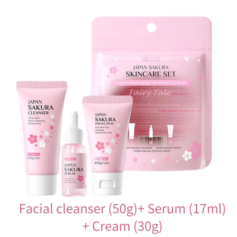Sakura skin care sets with cleanser, serum, eye cream, facial cream, beauty products for women, travel skin care kit Tri Light Beauty