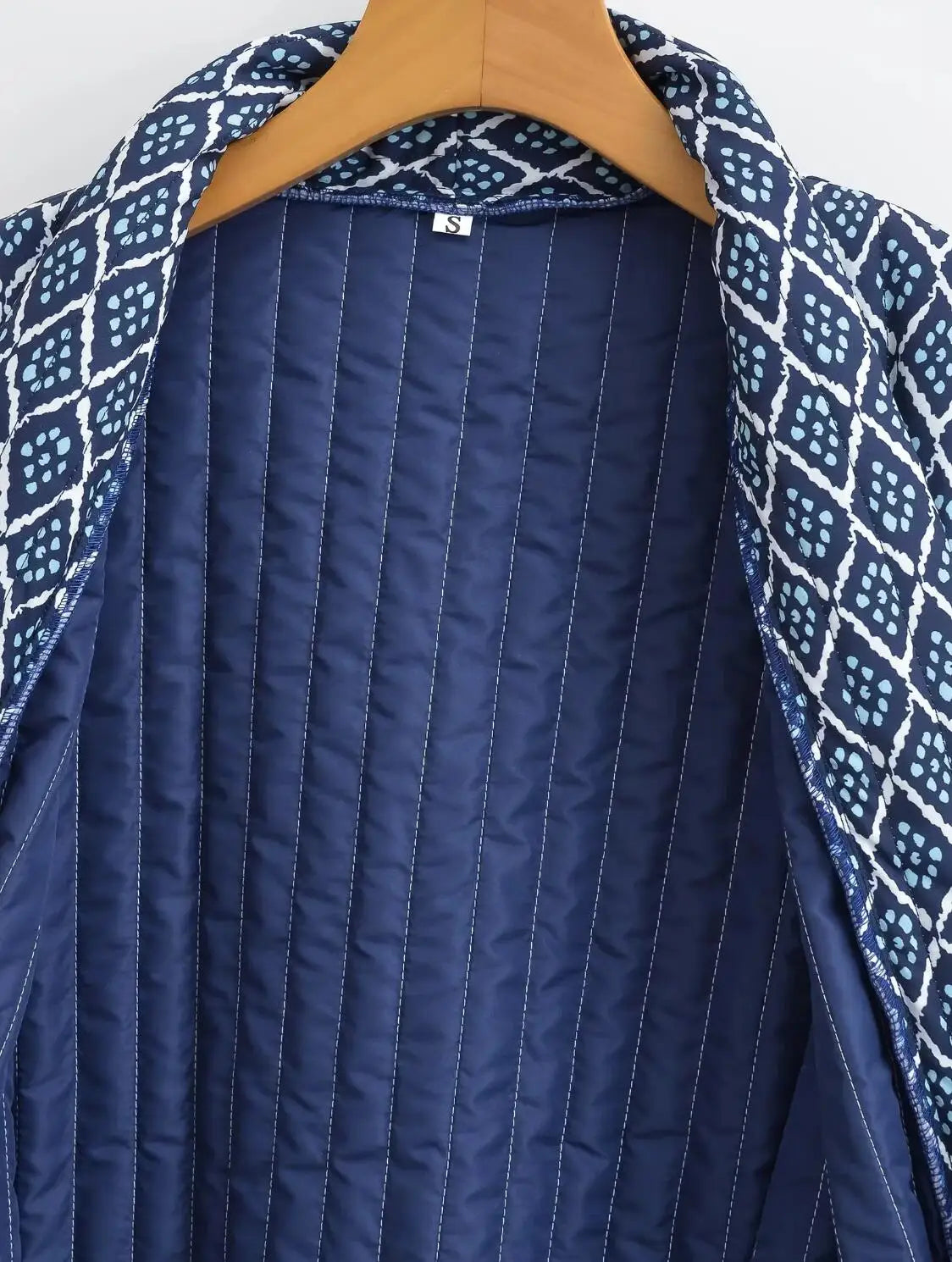 Autumn Winter Blue Geometric Plaid Print V Collar Quilted Coat Ethnic Women Long Sleeve Oversized Jackets Loose Outwear LadyShow.Store