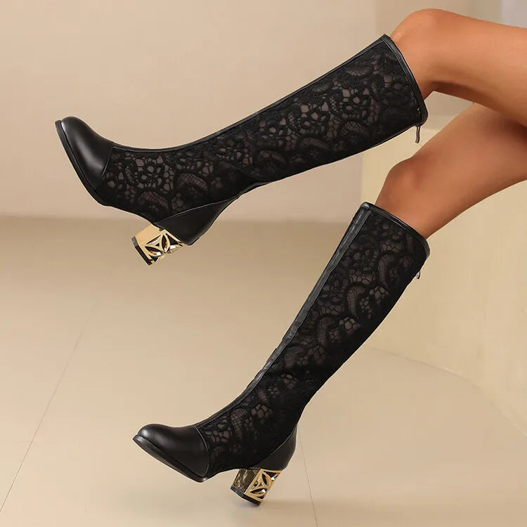 Vintage Hollow Embroider Mesh Surface Knee Length Women's Boot 5.5cm Thick Heel Fashion Women's Boot 34-47 Summer Cool Boots LadyShow.Store