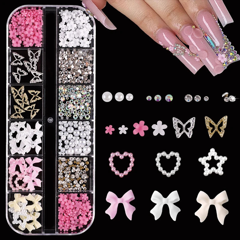 24-Piece 3D Y2K Millennial Nail Art Decoration Set, Assorted Rhinestones, Pearls, Butterfly, Heart & Flower DIY Nail Charms Pi-Mart