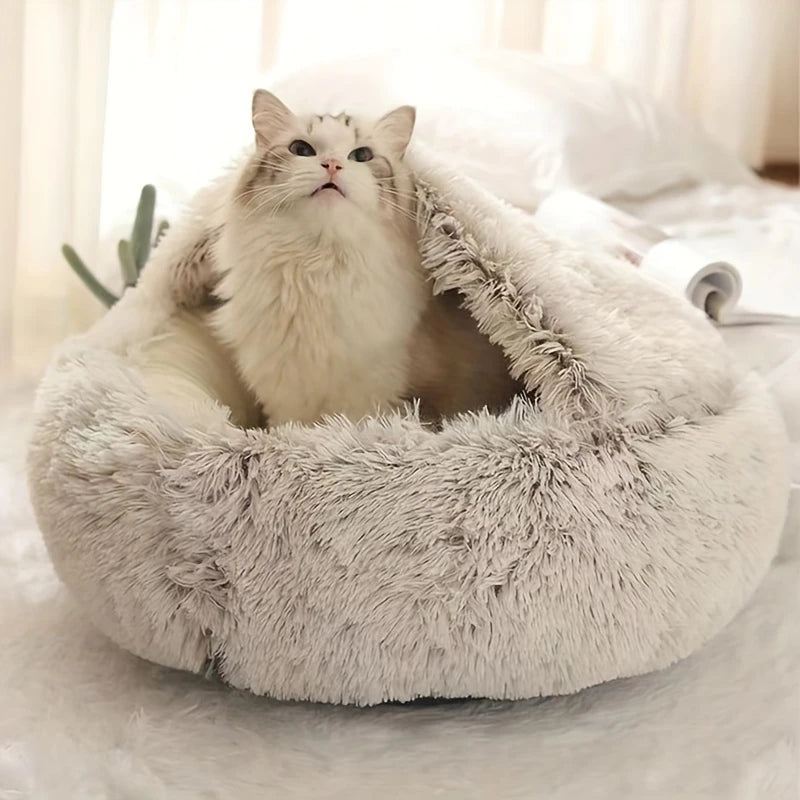 Plush Hooded Cat Cave Bed Round SemiāEnclosed Shell Pet Nest Washable AntiāSlip Warm All Season Sleeping Bed For Cats Small Dogs Pi-Mart
