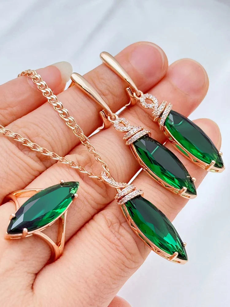 Kinel Hot Shiny Rhombus Green Natural Zircon Ring Earrings Necklace for Women Trend 585 Rose Gold Color Daily 3pcs Jewelry Sets Pi-Mart