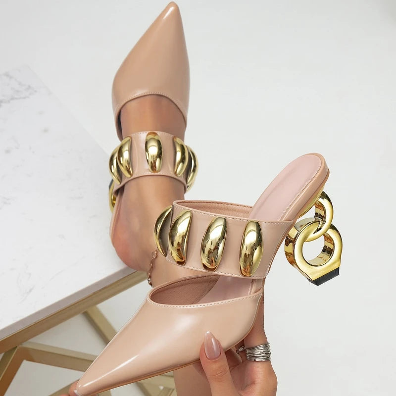 35-43 Half Shoes Women Sandals Black spike Heels for Ladies Luxury Heels Woman Mules Golden Heels Tacones Sandalias De Mujer Pi-Mart