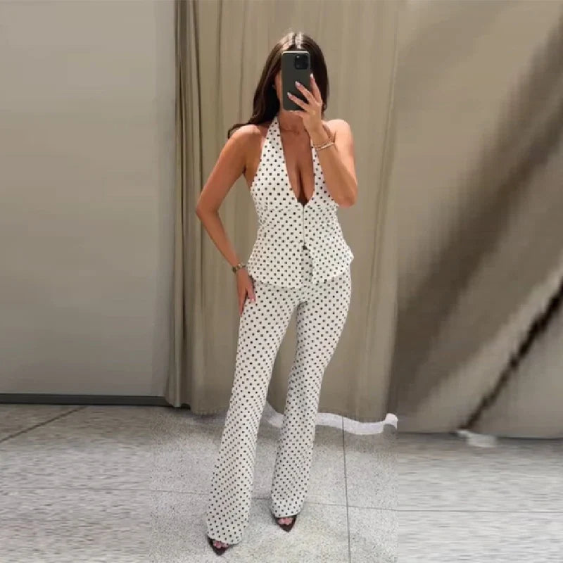 Retro Modern Polka Dot Set Halter Deep V Neck Vest Top Flared Pants Women Party Timeless Chic Female Classic Stylish Outfits LadyShow.Store