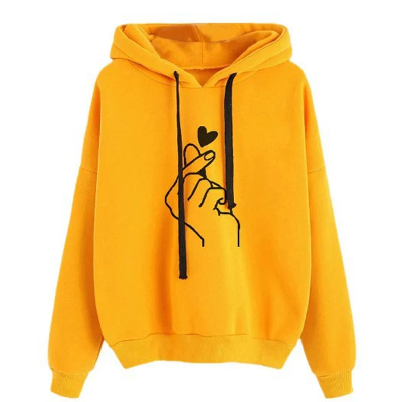 Autumn Fleece Hoodie Solid Color Finger Heart Hooded Korean Fashion Sweatshirts Long Sleeve Top Drawstring Pockets Loose Hoodies LadyShow.Store