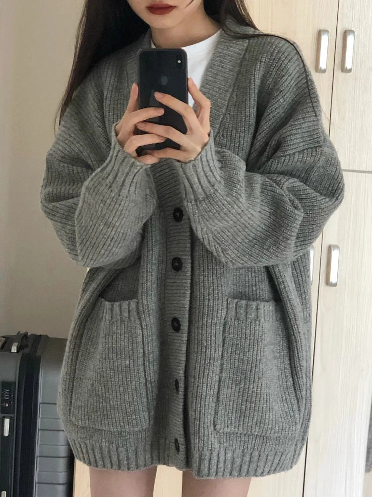 Autumn Winter Women Cardigan Sweater Coats Fashion Female Long Sleeve V-neck Loose Knitted Jackets Casual Sweater Cardigans LadyShow.Store