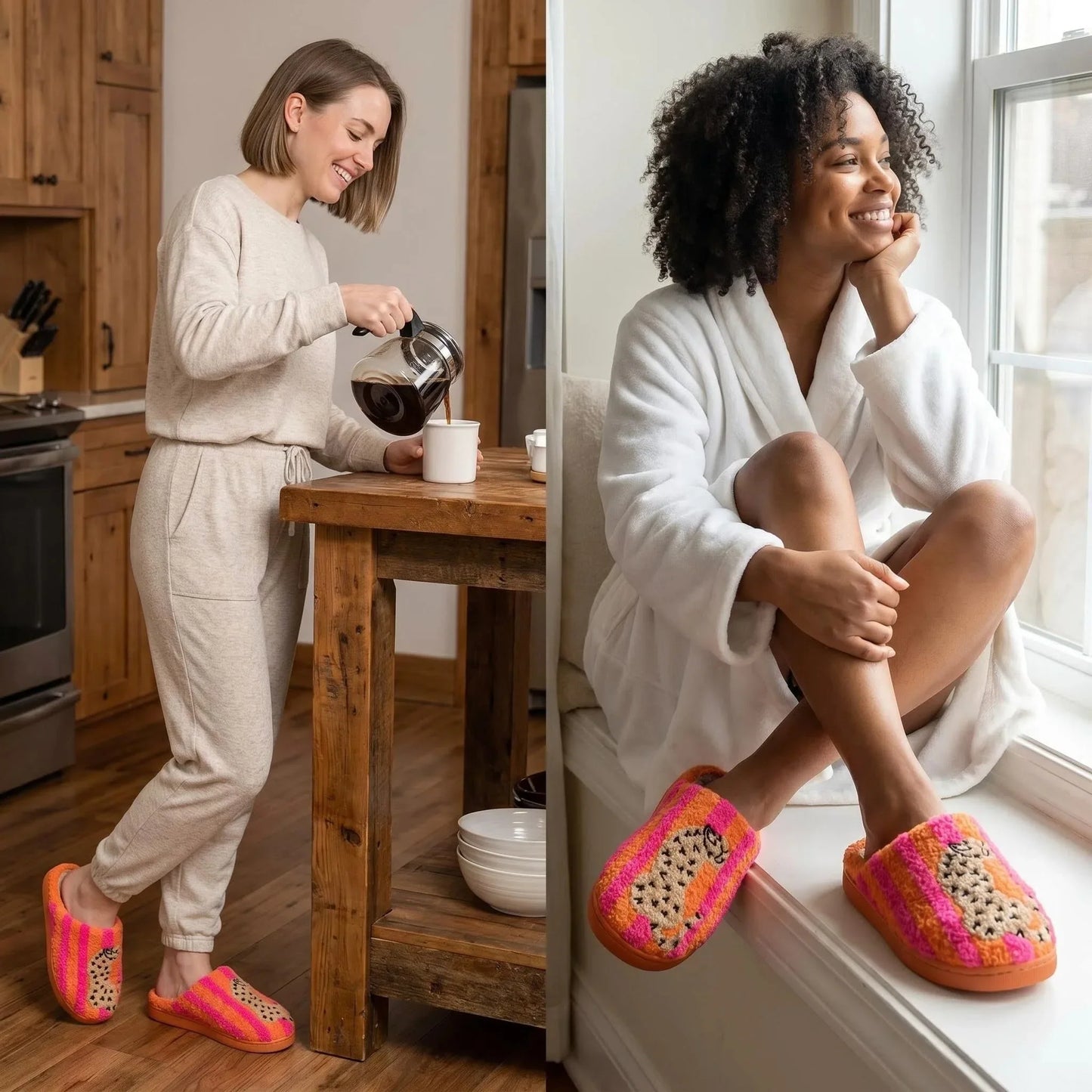 Ins-Style Cute Color-Block Embroidered Winter New Striped Leopard Print Plush Slippers for Women, Indoor Non-Slip Warm Plush Shoes, a Top Choice for Holiday Gifts LadyShow.Store