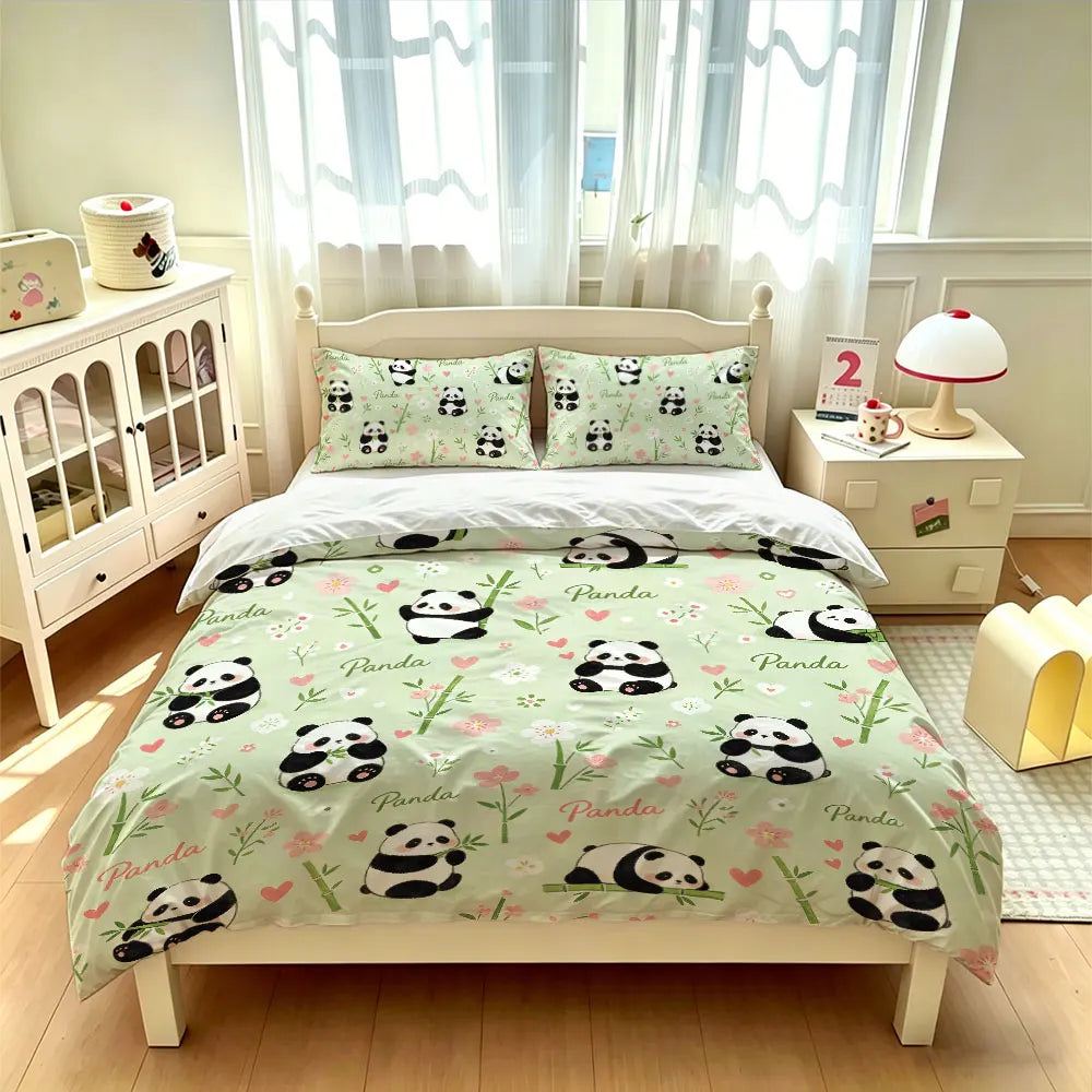 3pcs Cartoon Panda Print Coreless Duvet Cover Cool Summer Lightweight Bedding Set Multi Size Bedroom Bedding Decoration Pi-Mart