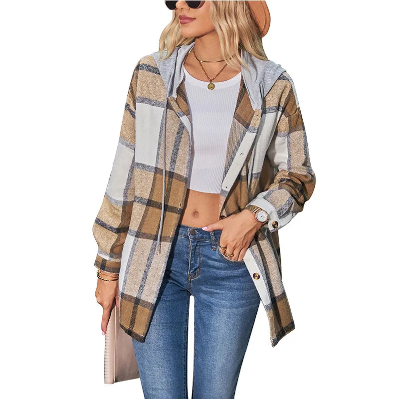 Women Hooded Plaid Wool Coat Blouse Top Spring Summer Fashion Outerwear Pi-Mart