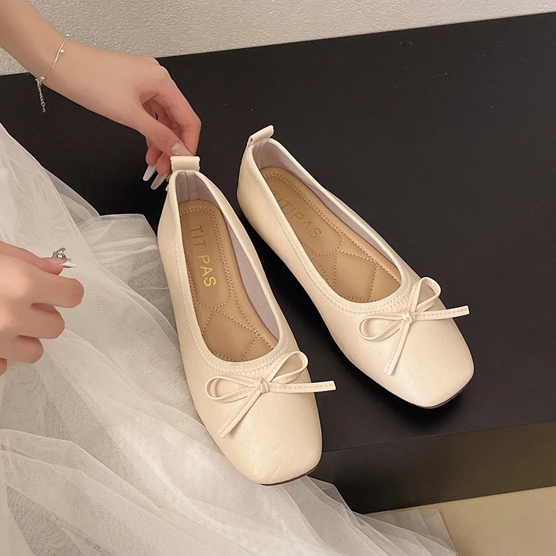 2026 Brand Women Flats Spring New Square Toe Bowknot Ladies Casual Ballet Shoes Big Size Slip on Soft Eelgant Dress Shoes 12457 Pi-Mart