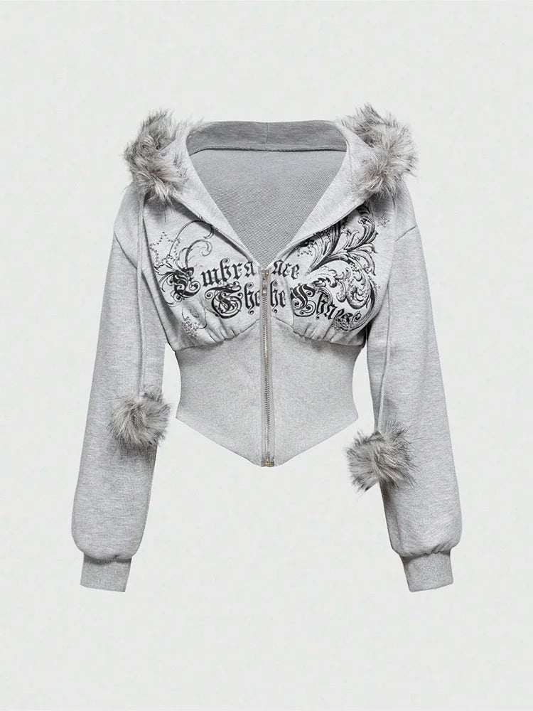 Winter Warm Gothic Print Hoodie Women's Clothin Faux Fur Crop Top Zip-Up Sweatshirt Fashion Y2K Streetwear Hooded Jacket 2026New LadyShow.Store