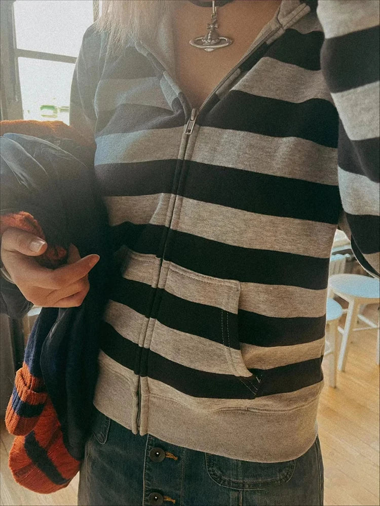 Striped Patchwork Zip-up Hoodie Autumn Cotton Pocket Drawstring Hooded Sweatshirt Women Y2k Streetwear Vintage Loose Tops Jacket LadyShow.Store
