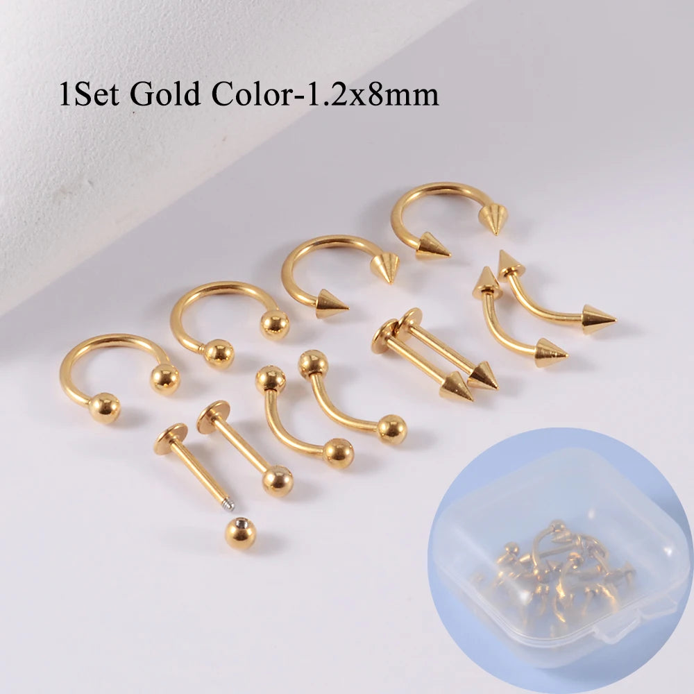 12pcs/Set Surgical Steel Silver Color Gold Plated Black Rainbow Ear Nose Eyebrow Labret Basic Piercing Jewelry Set 8mm Pi-Mart