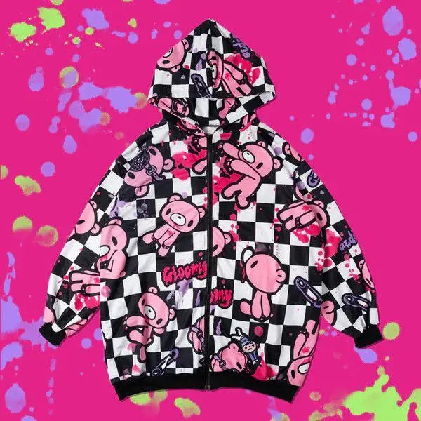 American High Street Y2K Hoodie Women's Cartoon Printed Bear Long Sleeve Coat Subculture Graffiti Yami Kawaii Loose Hooded Coat LadyShow.Store