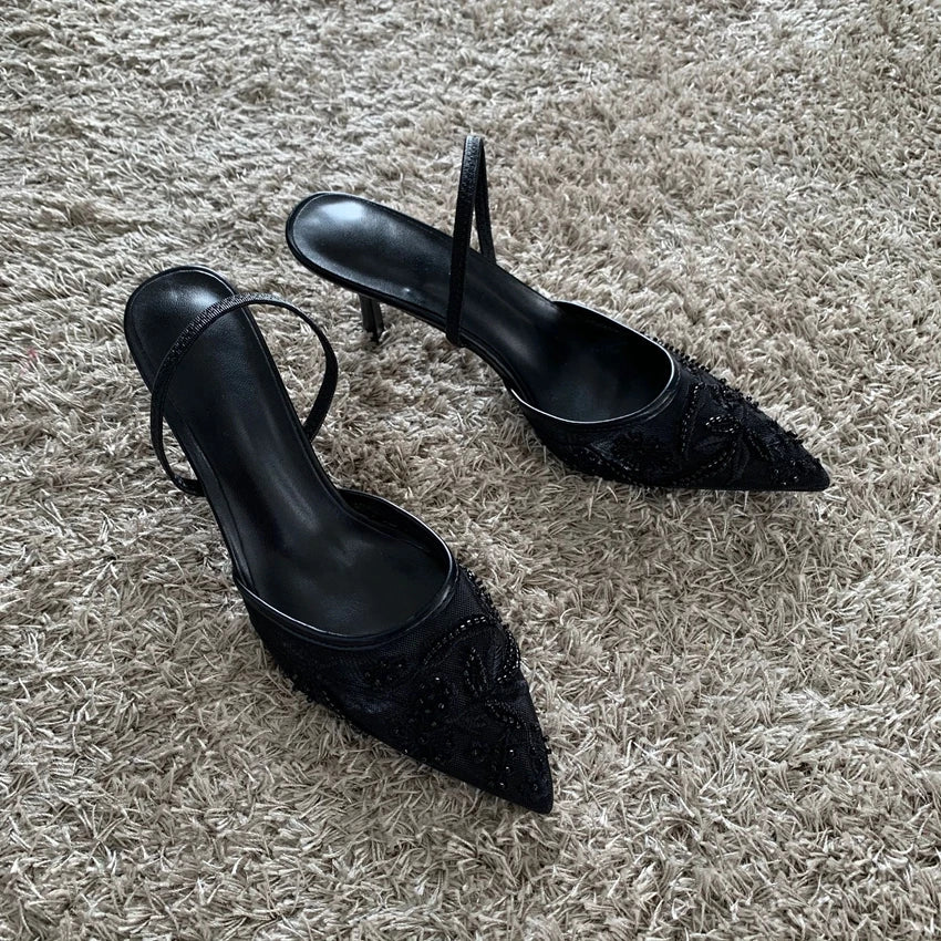 2026 String Bead Mesh Embroider Slingback High Heels Women Sexy Pointed Toe Heeled Sandals Summer Elegant Luxury Designer Shoes LadyShow.Store