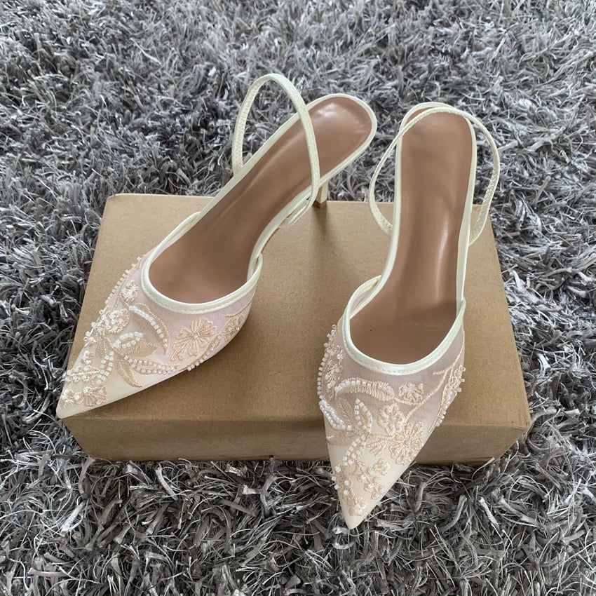 Black Embroidered Mesh Slingback High Heels Sandals for Women Designer Shoes Woman Elegant Style Wedding Party Pumps LadyShow.Store