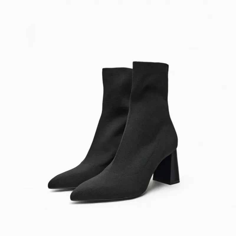 Autumn Winter Knitted Stretch Fabric Socks Boots Women Low Heel Short Boots Pointed Toe Female Ankle Booties Size 42 Pi-Mart