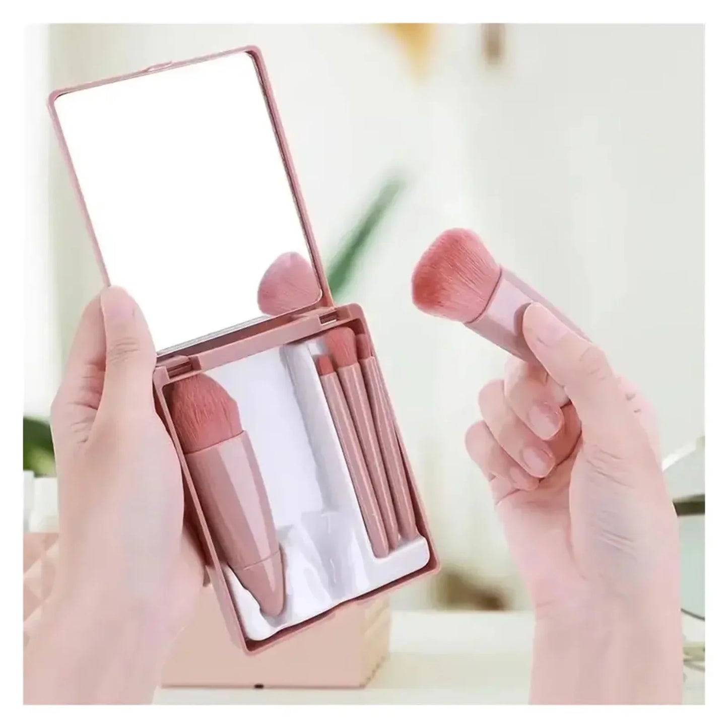 5pcs Mini Travel Size Makeup Brushes Set - Complete Function Cosmetic Brushes Kit with Storage Case And Mirror for On-the-Go App Tri Light Beauty