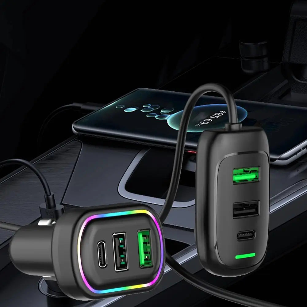 6-Ports USB Type-C Front And Rear Extension Car Charger With RGB Light PD Fast Charging Power Adapter For Iphone Tablet Pi-Mart