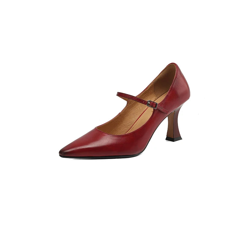 NEW Spring/Autumn Women Pumps Genuine Leather Shoes for Women Pointed Toe Thin Heel Shoes Shallow Buckle Strap Mary Janes Shoes Pi-Mart