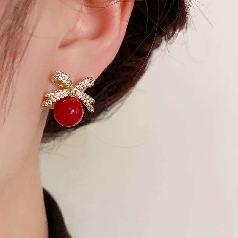 Sparkling Rhinestone Bow Pearl Stud Earrings Light Luxury Fashion Jewelry Women Gifts Wedding Birthday Pi-Mart