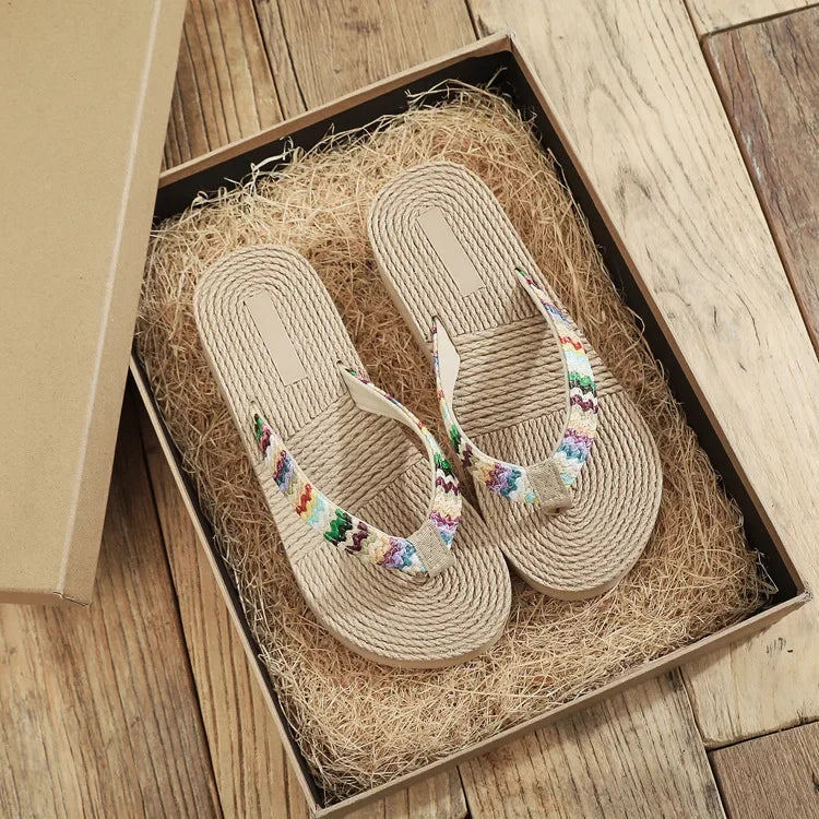 2026 Summer Hot Sale Women's Fashionable Raffia College-Style Vacation Beach Flat Flip-Flops Plus Szie 42 LadyShow.Store