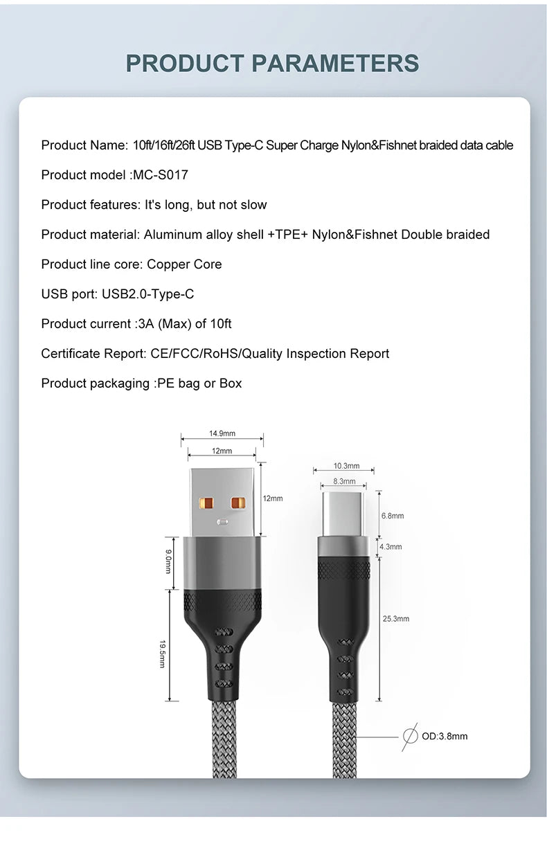 USB Type C 6A Super- Charging Cable For Huawei USB C Extended 1m 2m 3m 5m 8-Meter Cable For Xiaomi Vivo Leeco OnePlus Oppo Pi-Mart