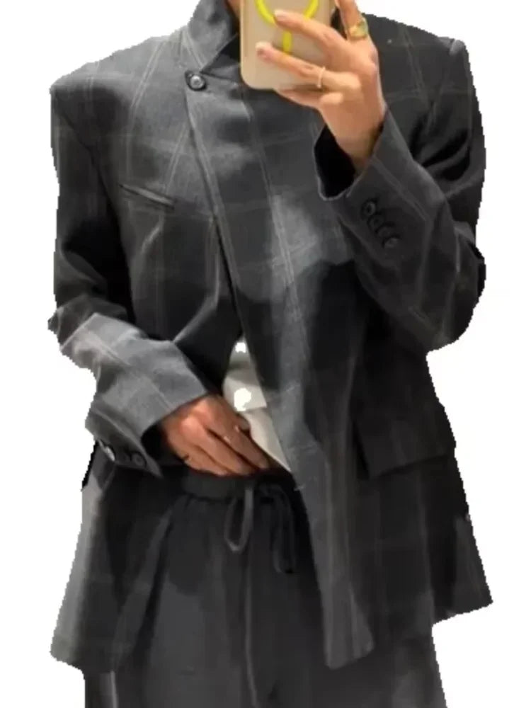 Chic Plaid Women Blazer Jackets Casual Split Loose Stand Collar Full Sleeve Short Jacket 2026 Lady Fashion Daily Commute Outwear LadyShow.Store
