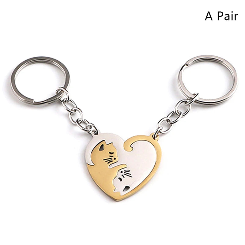 Cute Hug Cat Keychain Creative Patchwork Heart Round Keyring Couple Lovers Key Chains Bag Pendant Car Keyholder Accessories Gift Pi-Mart