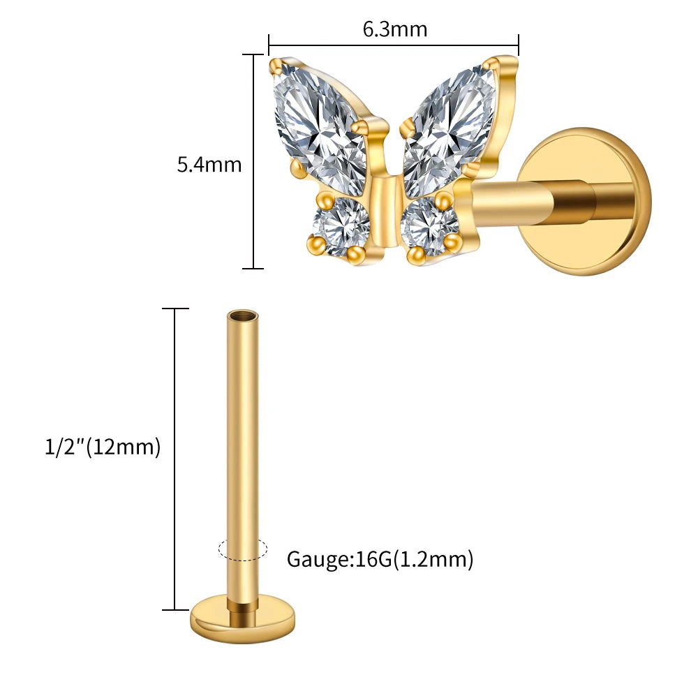 Right Grand ASTM F136 Titanium 16G Mini Butterfly CZ Labret Tragus Cartilage Conch Forward Helix Stud Nose Piercing Body Jewelry Pi-Mart