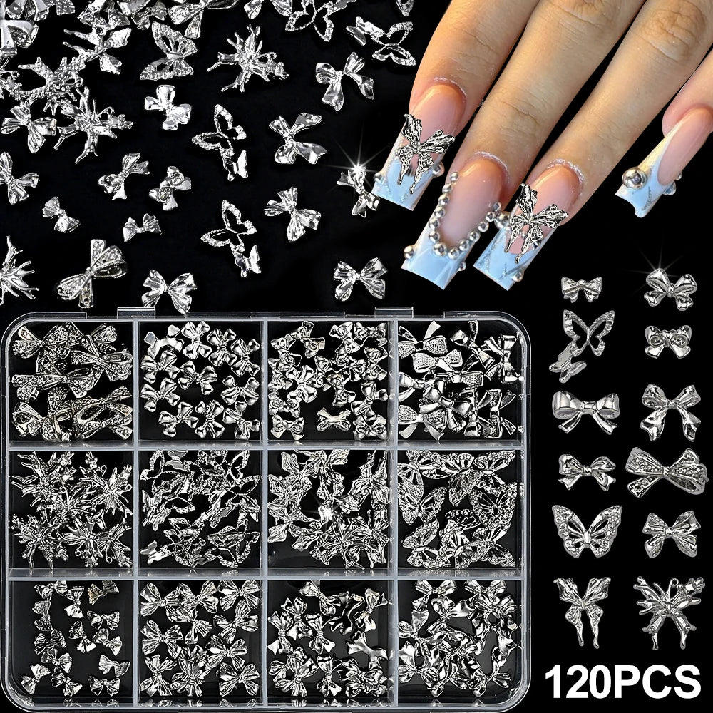 120Pcs/Box 3D Silver Exquisite Bowknot Nail Charms Simple Alloy Ribbon Bowtie Nail Art Decorations DIY Luxury Manicure Accessory Pi-Mart