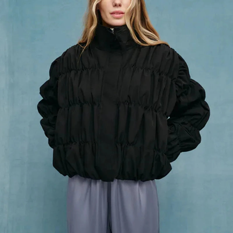 Tossy Solid Commuting Pleated Jackets For Women Long Sleeves Stand Collar Loose Streetwear Cropped 2025 Coat Female Jacket Coat LadyShow.Store