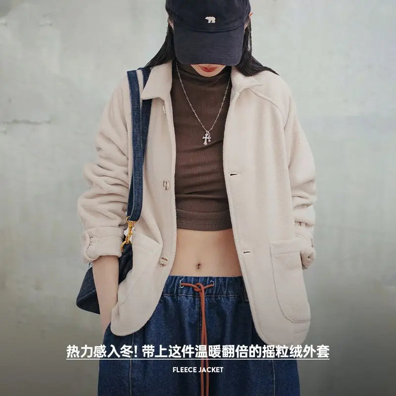 Maden Women's Fleece Lapel Warm Jacket 290gsm Single-breasted Solid Color Casual TOPs Coat for Autumn Winter Outwear LadyShow.Store