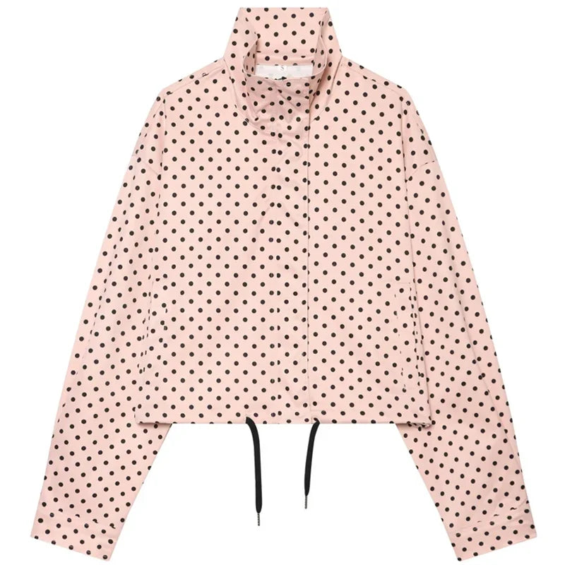 HXAO Polka Dot Bomber Jacket Women's Jackets Demi-Season Oversized Long Sleeve Top Outerwear Aviator Plus Size Zip Up Crop Coats LadyShow.Store