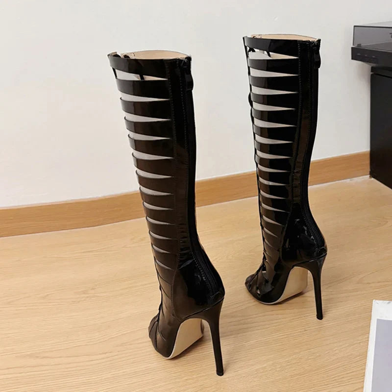Liyke Fashion Hollow Out Cross Strap Knee High Boots Sandals Women Zip Sexy Peep Toe Stripper Heels Shoes Female Long Booties LadyShow.Store