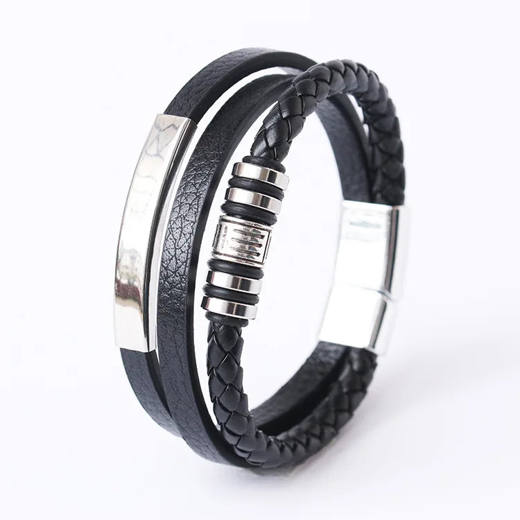 Trendy Leather Bracelets For Men Stainless Steel Bracelet 21CM Multilayer Braided Rope Bracelets for Male Jewelry Gifts Pi-Mart
