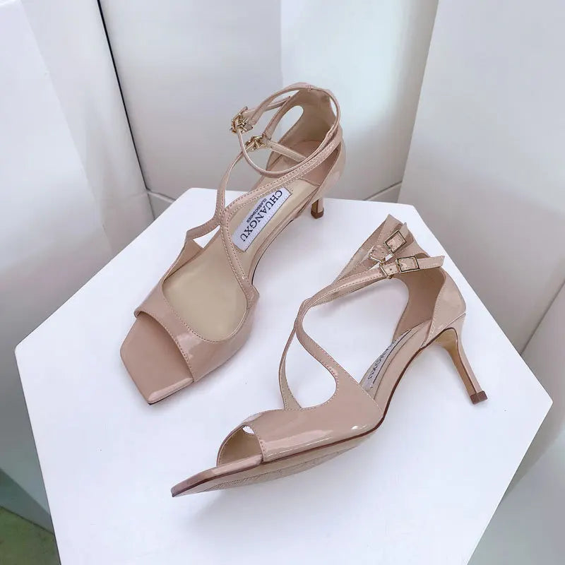 Luxury Sequined Women Gladiator Sandals Summer Designer Shoes for Women 2026 Square Head Hollow High Heels Fashion Ladies Shoes Pi-Mart