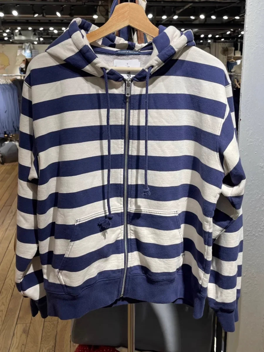 Stripes Vintage Zip-up Hoodie Woman Drawstring Hooded Long Sleeve Cotton Coat Casual Preppy Style Sweet Cute Hoodies Top Clothes LadyShow.Store