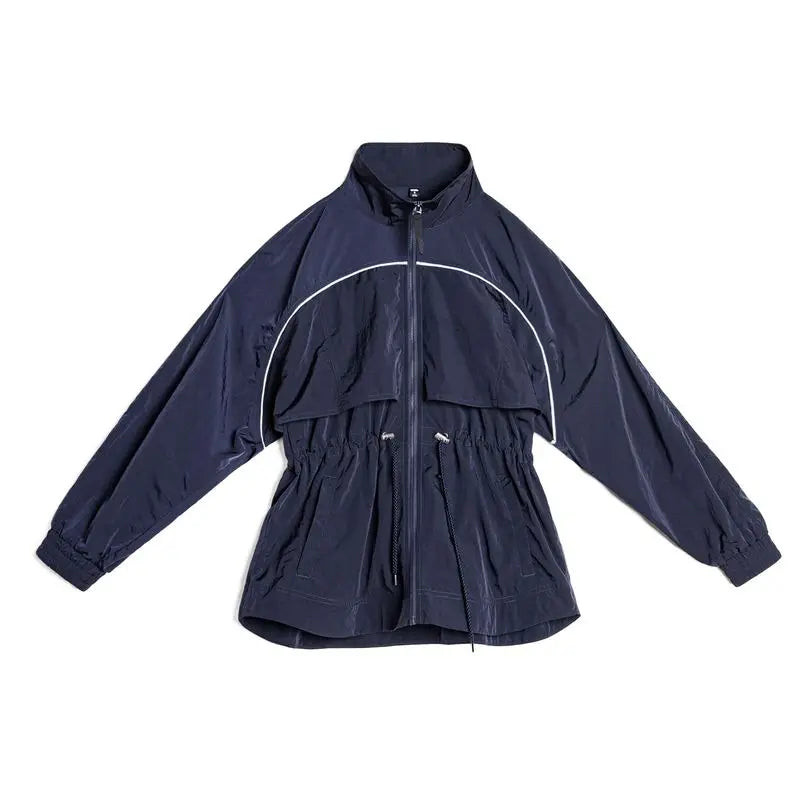 Maden Women's Lightweight Stand Collar Short Windbreaker Jacket Navy Blue Contrast Parka with Waist Cinching for Spring and Fall LadyShow.Store
