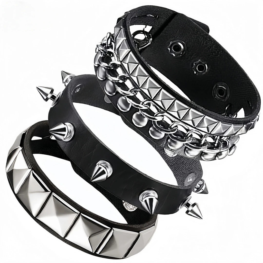 3Pcs/Set Vintage Emo Bracelets 3 Row Cuspidal Spikes Rivet Stud Wide Cuff PU Leather Punk Black Gothic Rock Unisex Accessories Pi-Mart