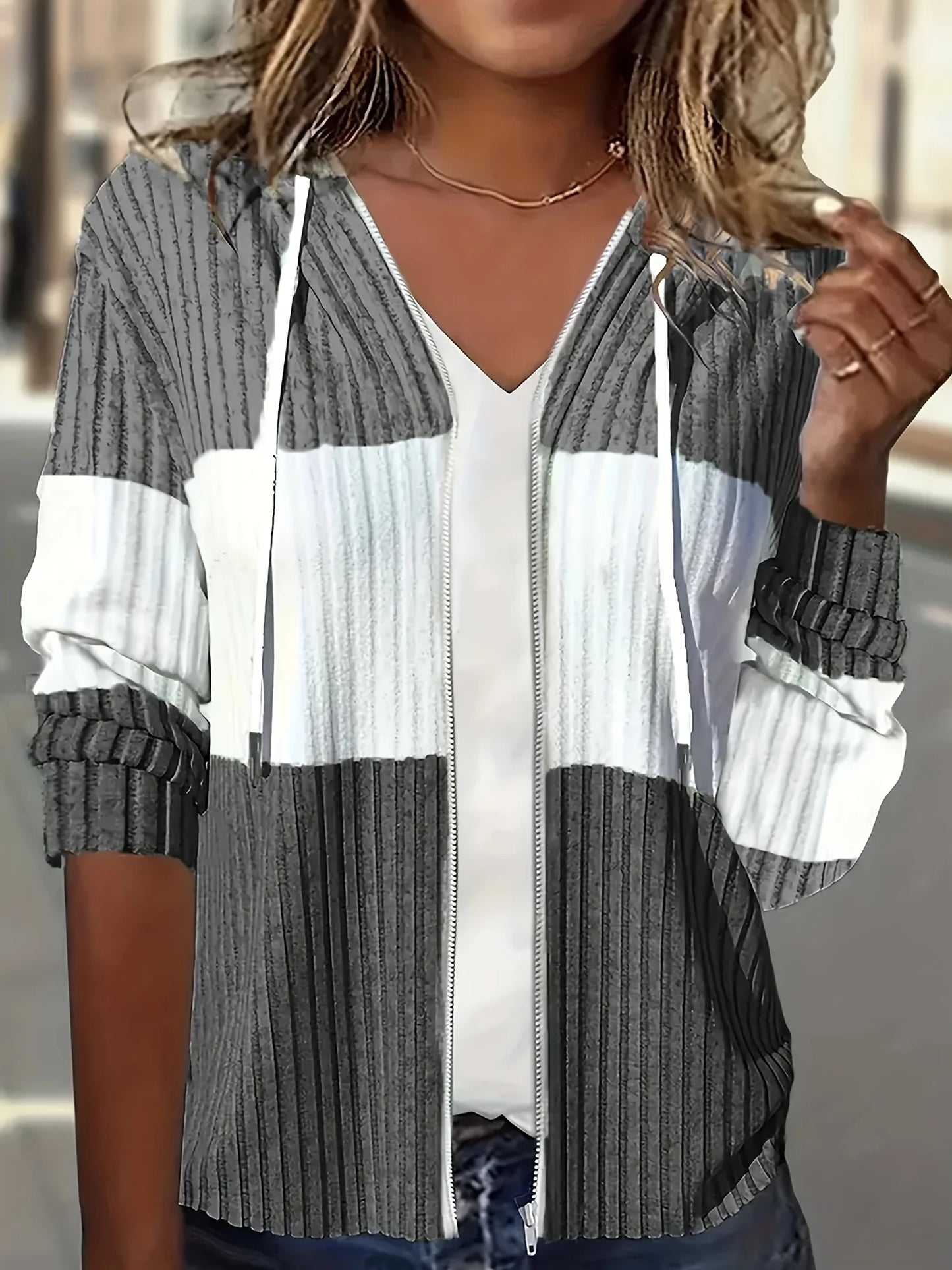 Women's Casual Color Block Hoodie Drawstring Zipper Jacket Streetwear Style with Pockets LadyShow.Store