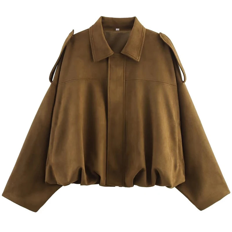 HXAO Women's Bomber Jacket Lapel Long Sleeve Zipper Suede Jacket Women 2025 High Street Cropped Racing Jackets Coats Outerwears Pi-Mart