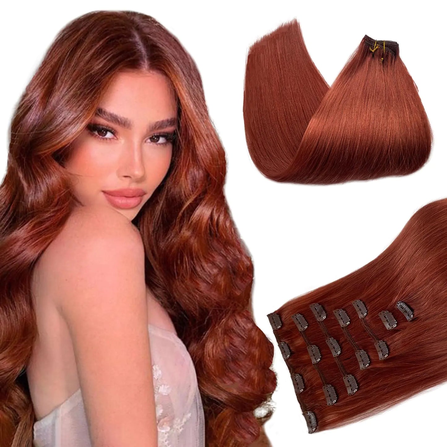 Belaved Clip in Hair Extensions Auburn Hair Extensions Real Human Hair Clip ins Extensions 7 Pcs 70G Real Hair Extensions Clip in Human Hair 18 Inch Remy Clip in Extensions #135