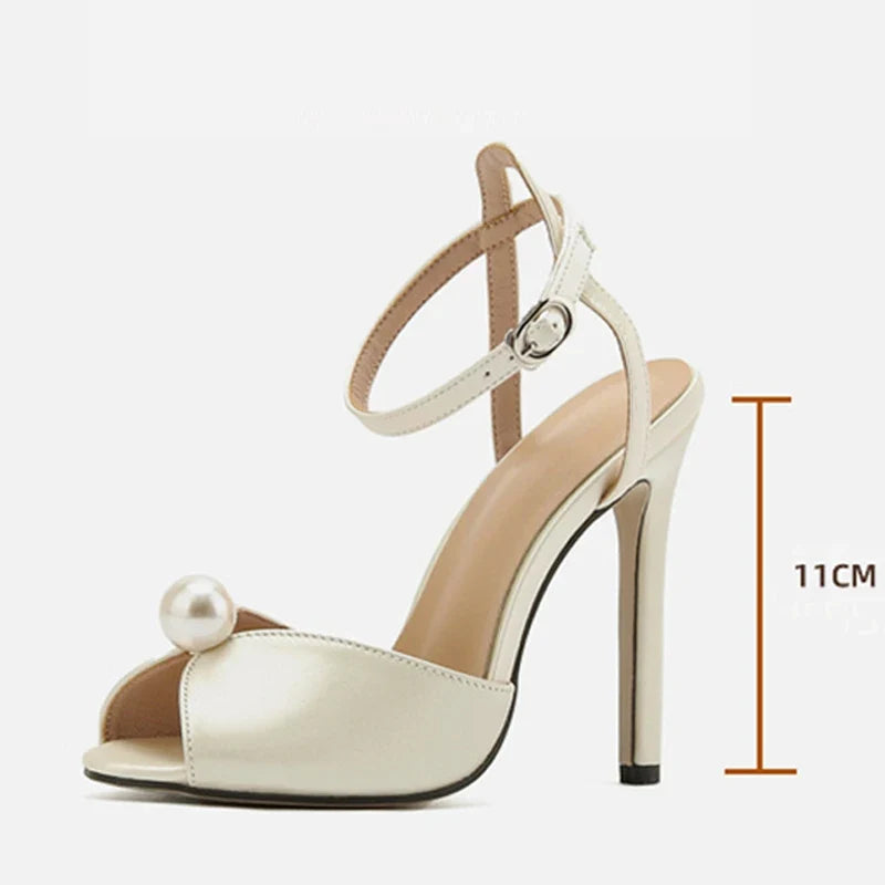Liyke High Quality Cozy Silk Peep Toe 11CM Thin Heels Gladiator Sandals Women Fashion Pearl Designer Shoes Ankle Strap Sandalias LadyShow.Store