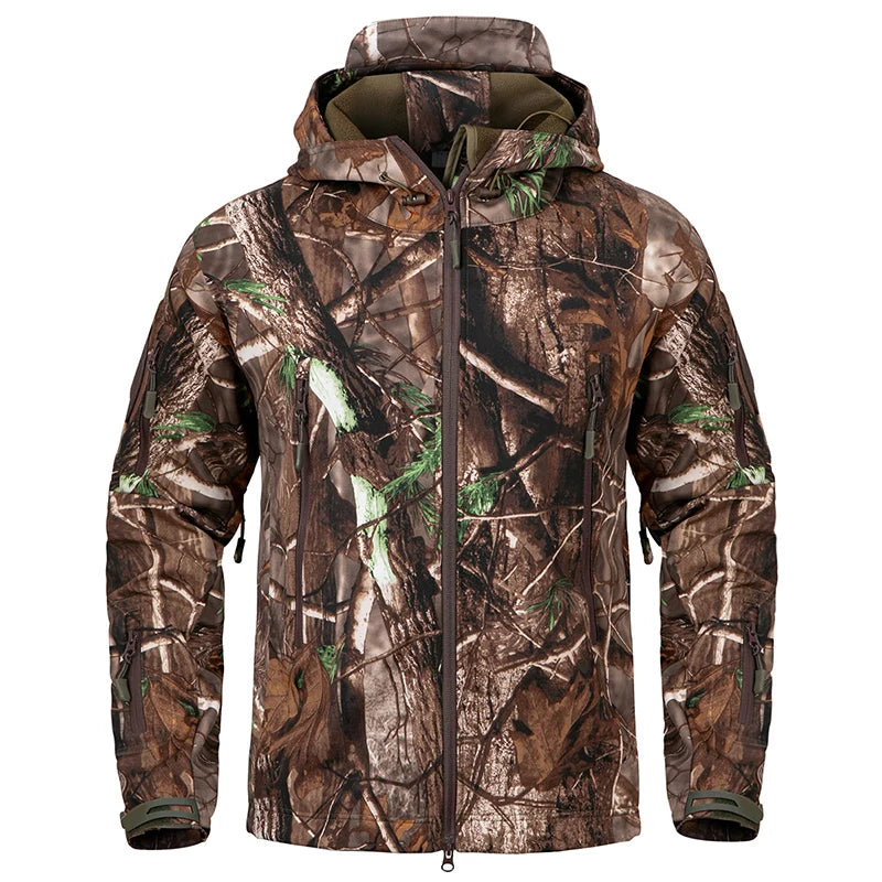 Men's Silent Soft Shell Camouflage Tactical Jacket Waterproof Warm Fleece Hunting Jackets Outdoor Hiking Fishing Hooded Coat Pi-Mart