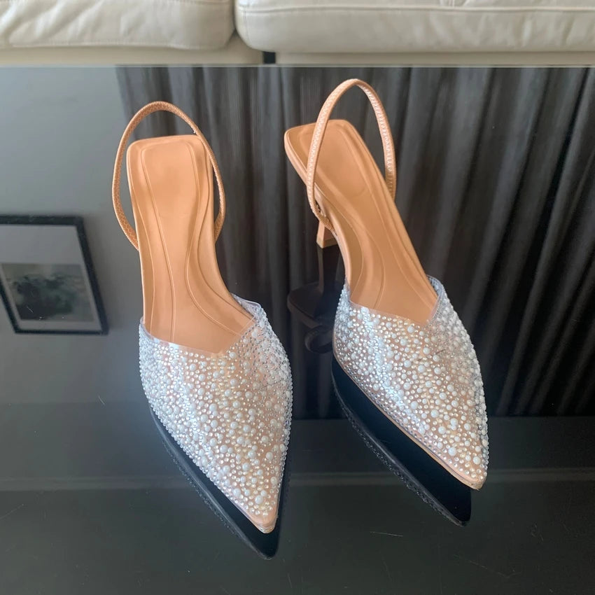 2024 Fashion Summer Women High Heels Pearl Decoration Slingback Woman Pumps Pointed Toe High Heels Sandals Elegant Woman Shoes Pi-Mart